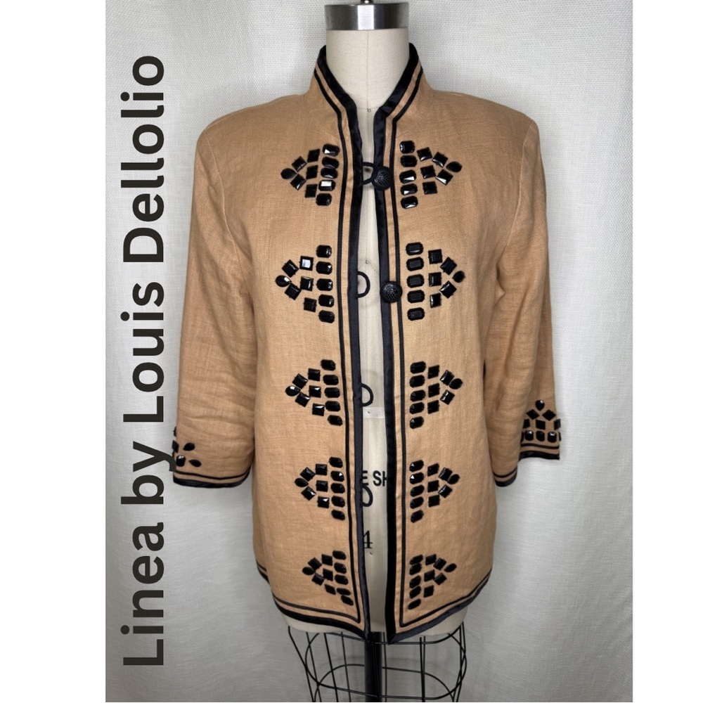 Linea by Louis Dell’Olio Linen Jacket Black Trim Beaded Small Chic Luxe